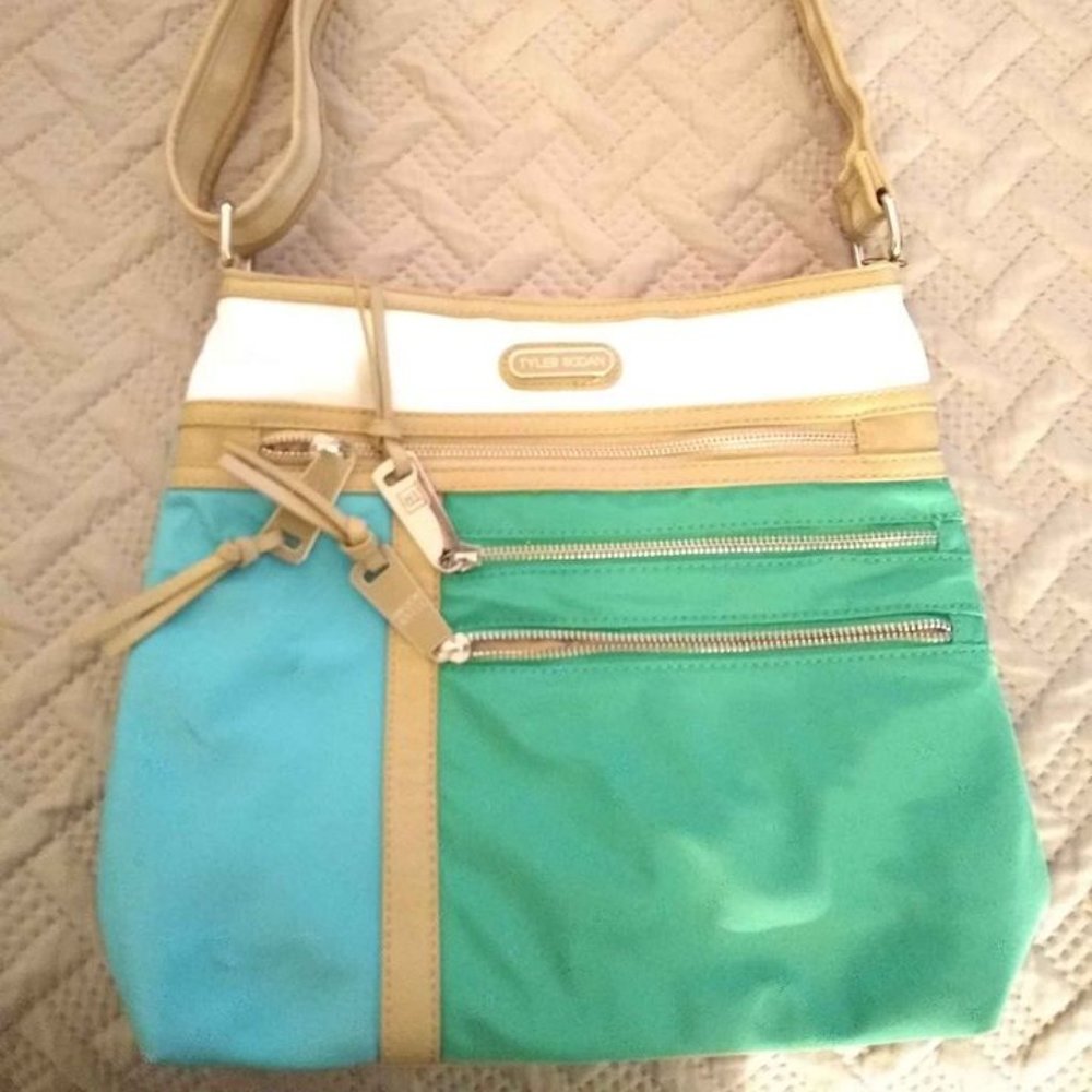 Tyler Rodan Handbag Shoulder Bag Crossbody Green Turquoise White Beige